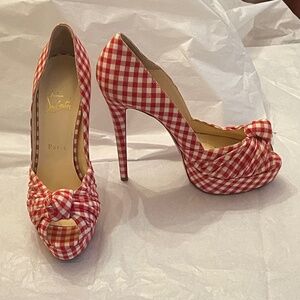 Christian Louboutin Greissimo 140 Gingham Platform Heels EU 39 Red & White